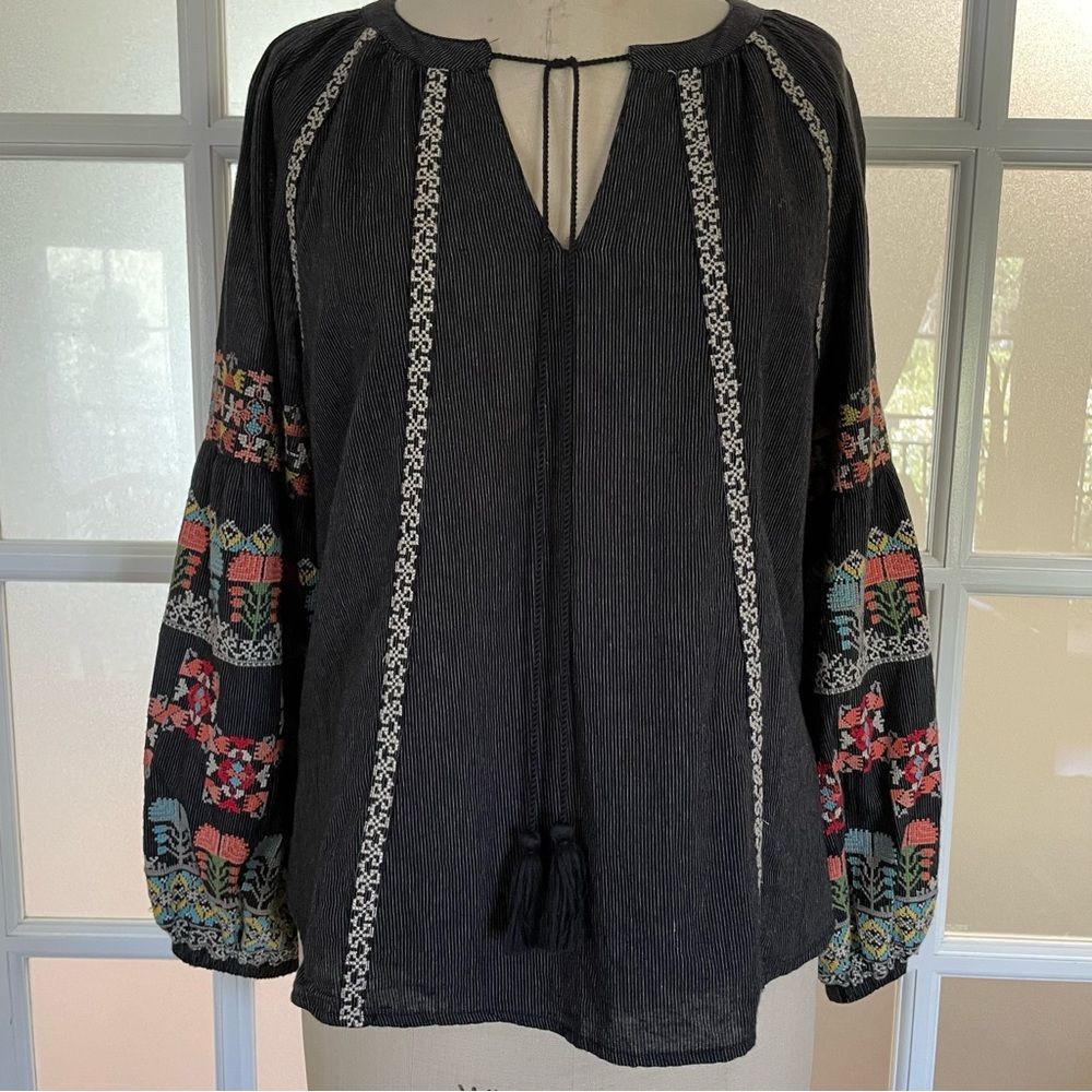 Sundance Black Embroidered Peasant Tunic with Multi-Color Sleeve Detail